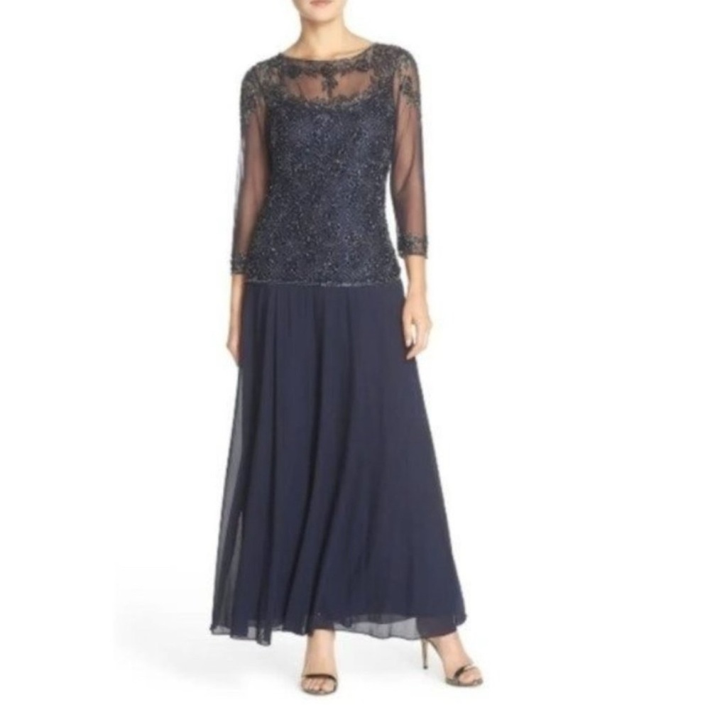 Pisarro Night Beaded Mock Mesh Two-Piece Gown
